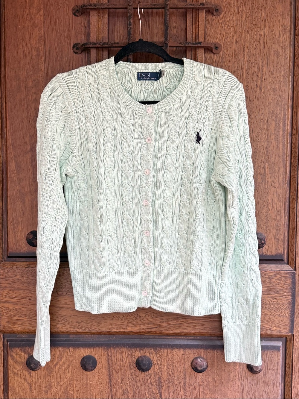 Ralph Lauren Pastel Mint Cable-Knit Button Cardigan Size L